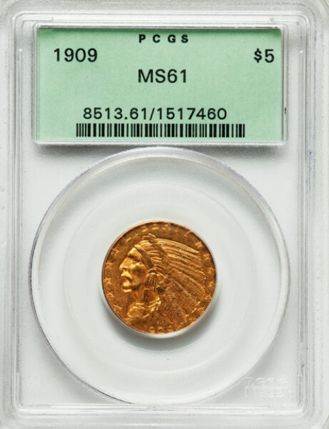 Picture of 1909 $5 Indian Head Half Eagle MS61