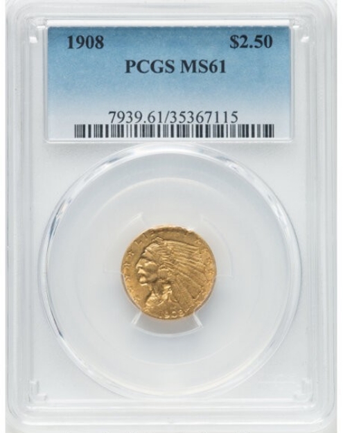 Picture of 1908WM $2.50 Indian Head Quarter Eagle MS61