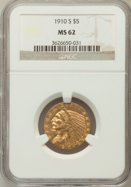 Picture of 1910S $5 Indian Head Half Eagle MS62
