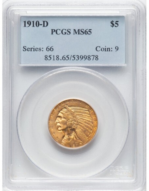 Picture of 1910D $5 Indian Head Half Eagle MS65