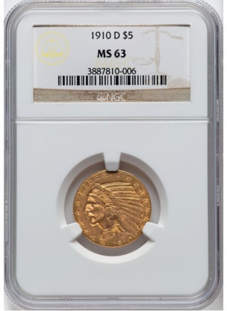 Picture of 1910D $5 Indian Head Half Eagle MS63